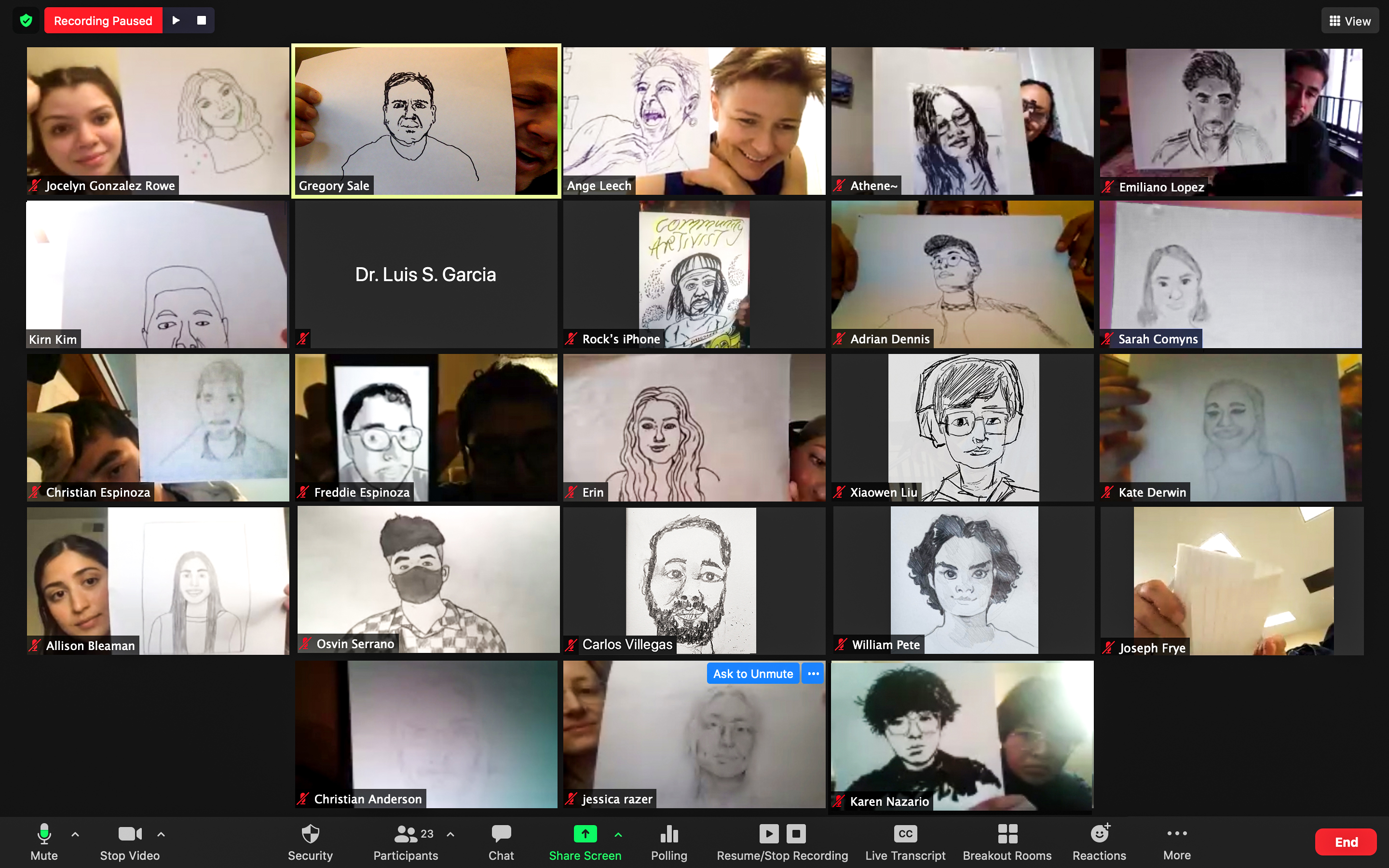 A screenshot of students in a Zoom classroom holding up their self portraits.