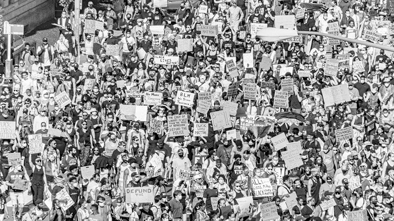 Black and white image of a George Floyd protest.