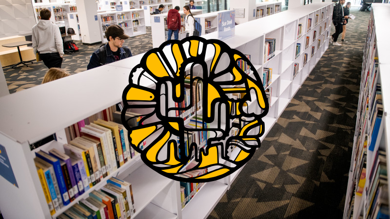 A room of books at Hayden Library, with the Humanities Week logo overlaid. 