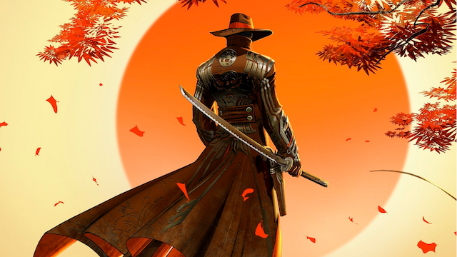 Anime character with a hat and sword looking out at the sunset.