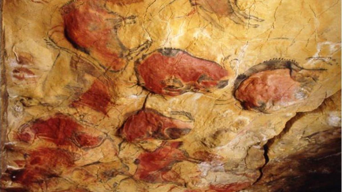 Ancient red and black drawings in a cave.