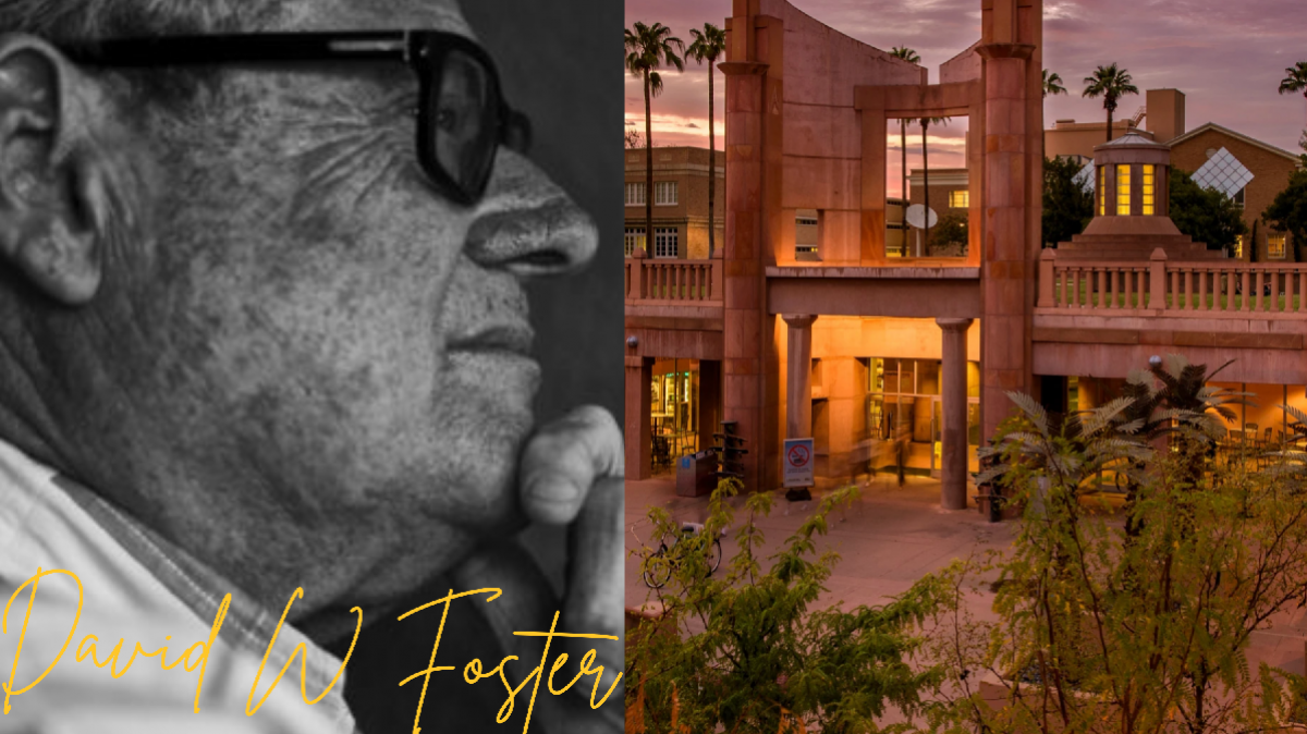 Portrait of David William Foster next to an image of the Hayden Library, with Foster's signature in the bottom left corner.