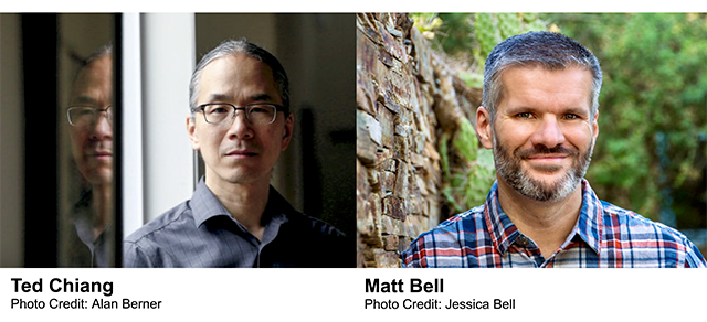Portrait photos of authors Ted Chiang and Matt Bell